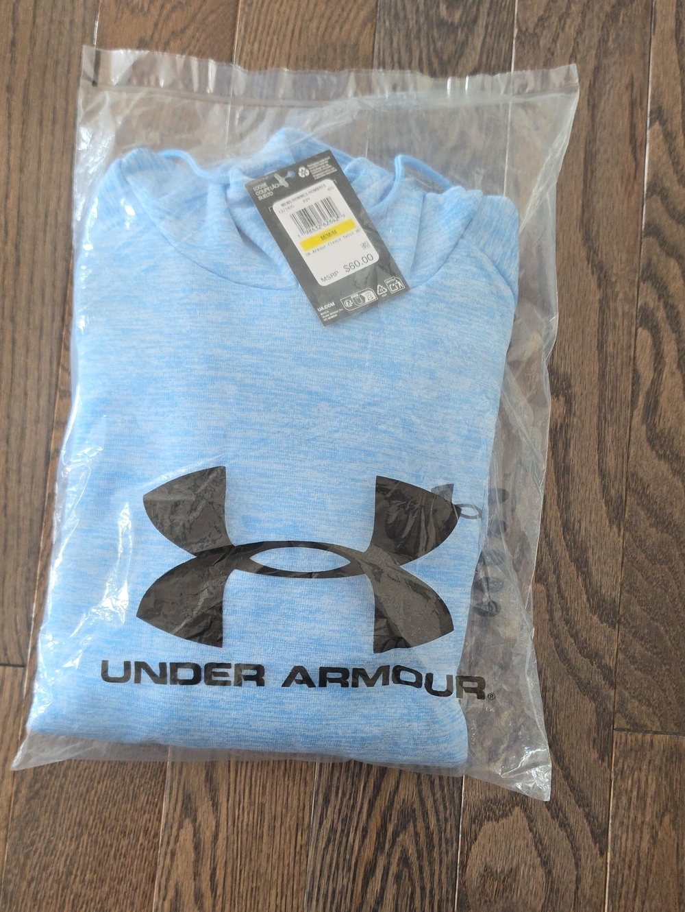 NWT Under Armour Light Blue Heather Pullover Hoodie with Black Logo